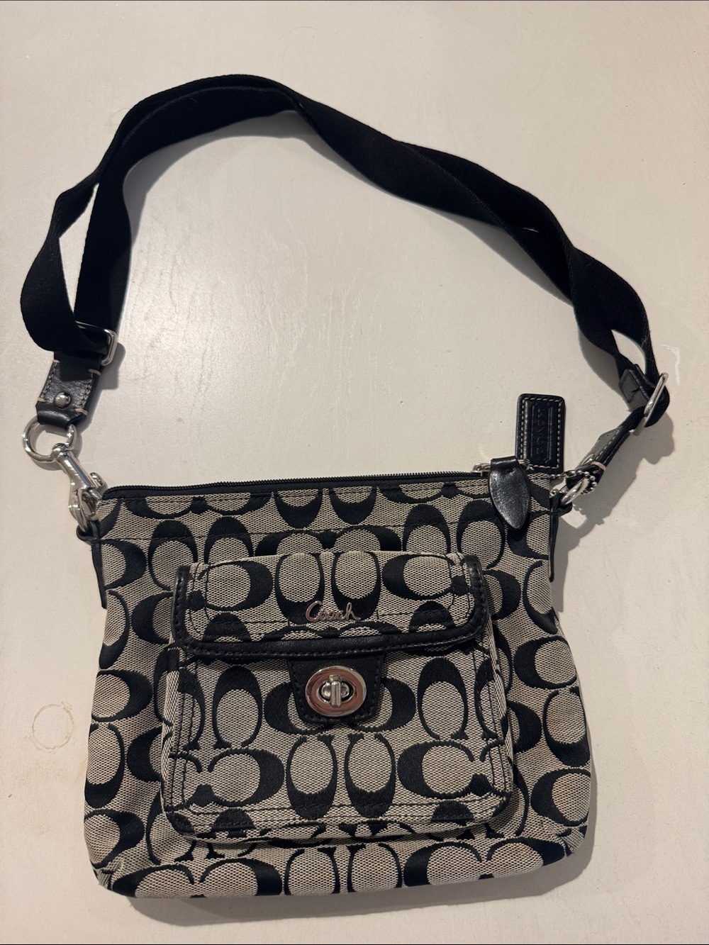 Coach Black and Cream Signature Canvas Crossbody Bag